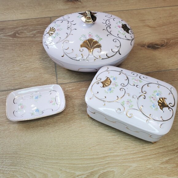 Ardalt Lot of 3 MCM Pink Porcelain Hand Painted Vanity Dish 6228/7 Lenwile China